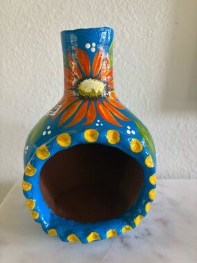 Hand-Painted Blue Floral Terracotta Chiminea